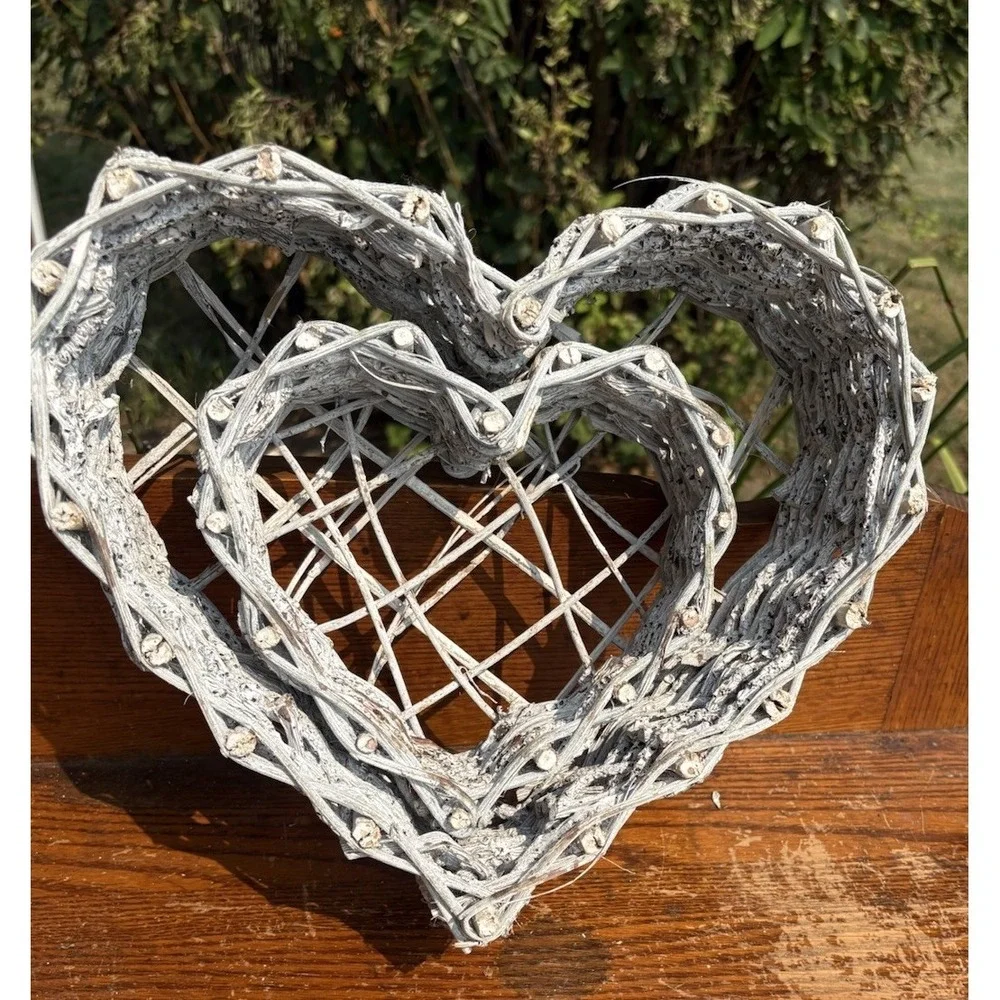 Set Of 2 Heart Shaped Wicker Twig Branch Woven Basket White Country Rustic